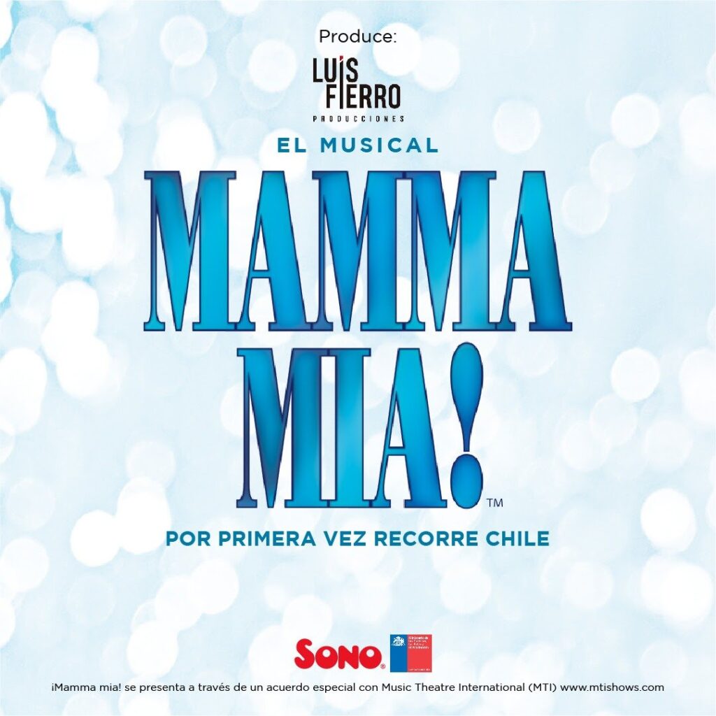 Flyer promocional del musical Mamma Mia en Viña del Mar, mostrando fechas y lugar de las presentaciones